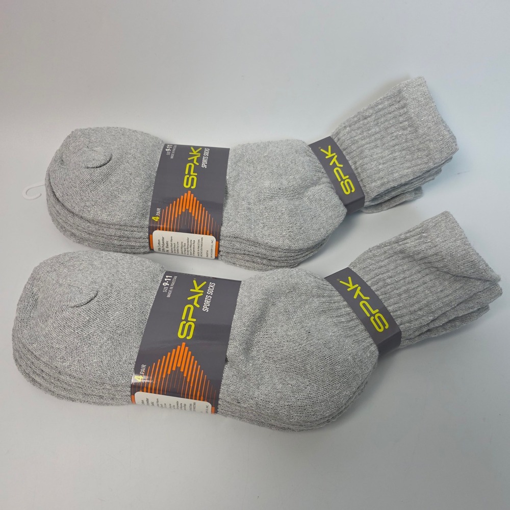 Spak Sports Socks 8 Pairs Mens Size 9-11 Gray Ribbed Crew Cotton Blend New